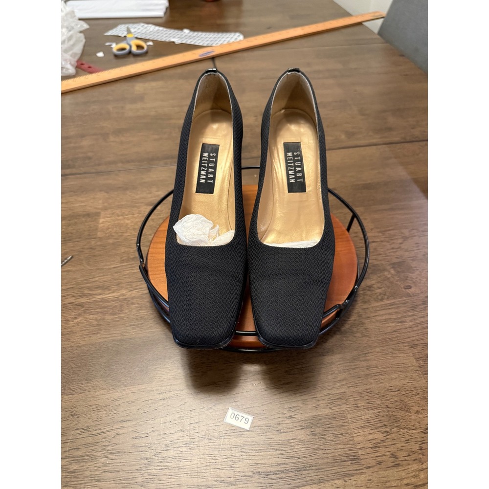 Stuart Weitzman Black Woven Fabric‎ Square Toe Block Heel Pumps Womens Size 9 AA